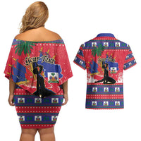 Personalized Ayiti Jwaye Nwel Couples Matching Off Shoulder Short Dress and Hawaiian Shirt Haiti Merry Christmas - Wonder Print Shop