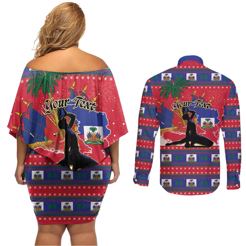 Personalized Ayiti Jwaye Nwel Couples Matching Off Shoulder Short Dress and Long Sleeve Button Shirt Haiti Merry Christmas - Wonder Print Shop