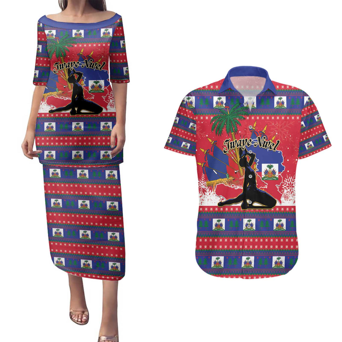 Personalized Ayiti Jwaye Nwel Couples Matching Puletasi and Hawaiian Shirt Haiti Merry Christmas - Wonder Print Shop