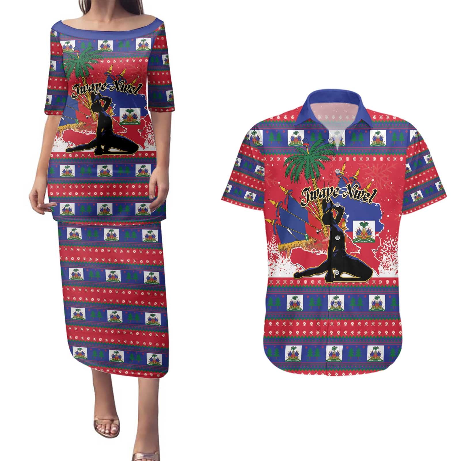 Personalized Ayiti Jwaye Nwel Couples Matching Puletasi and Hawaiian Shirt Haiti Merry Christmas - Wonder Print Shop