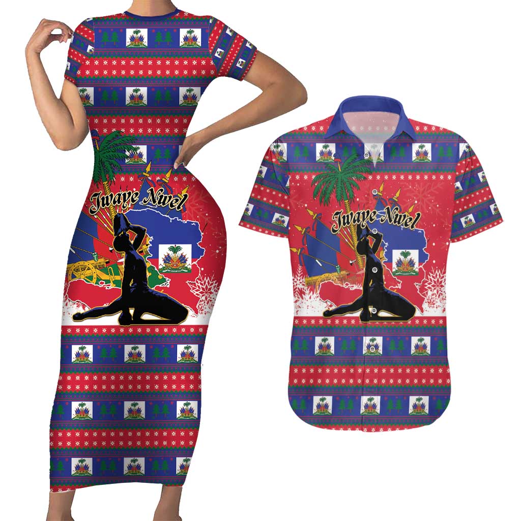 Personalized Ayiti Jwaye Nwel Couples Matching Short Sleeve Bodycon Dress and Hawaiian Shirt Haiti Merry Christmas - Wonder Print Shop