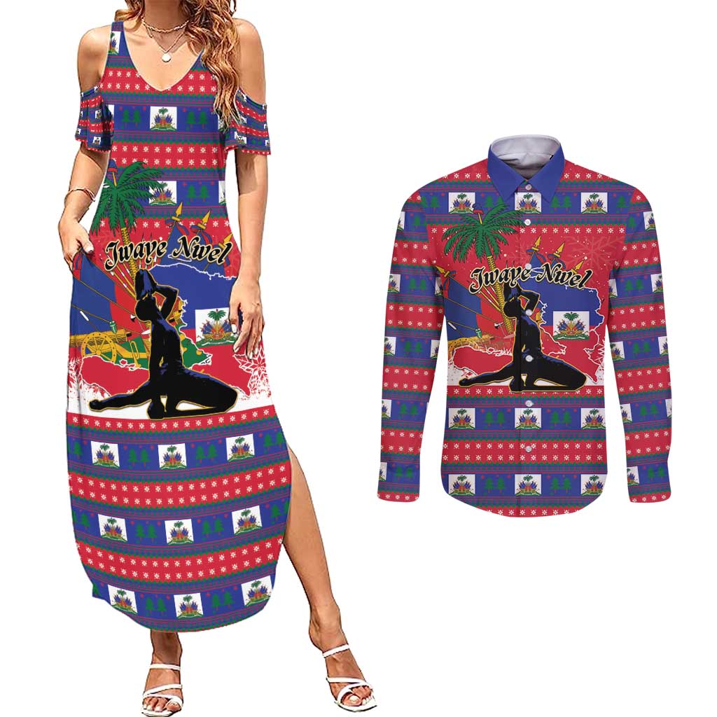 Personalized Ayiti Jwaye Nwel Couples Matching Summer Maxi Dress and Long Sleeve Button Shirt Haiti Merry Christmas - Wonder Print Shop