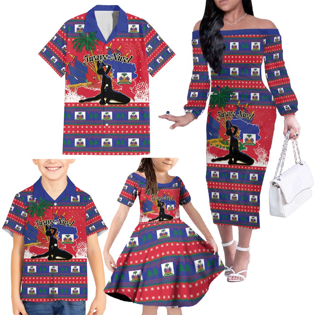 Personalized Ayiti Jwaye Nwel Family Matching Off The Shoulder Long Sleeve Dress and Hawaiian Shirt Haiti Merry Christmas - Wonder Print Shop
