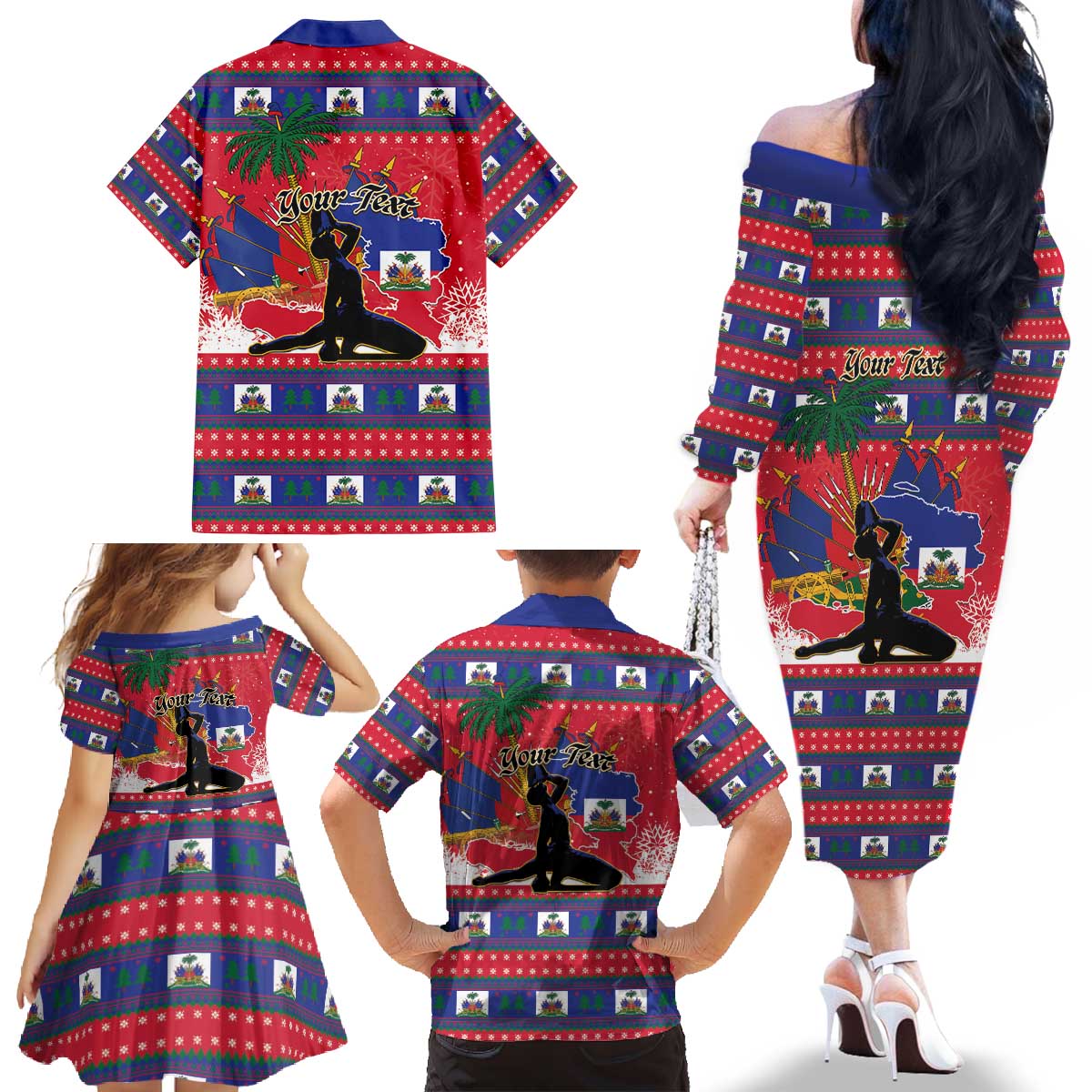Personalized Ayiti Jwaye Nwel Family Matching Off The Shoulder Long Sleeve Dress and Hawaiian Shirt Haiti Merry Christmas - Wonder Print Shop