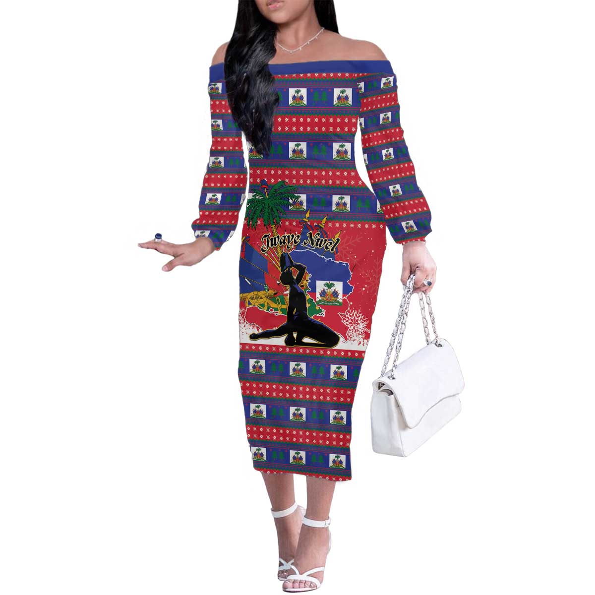 Personalized Ayiti Jwaye Nwel Family Matching Off The Shoulder Long Sleeve Dress and Hawaiian Shirt Haiti Merry Christmas - Wonder Print Shop