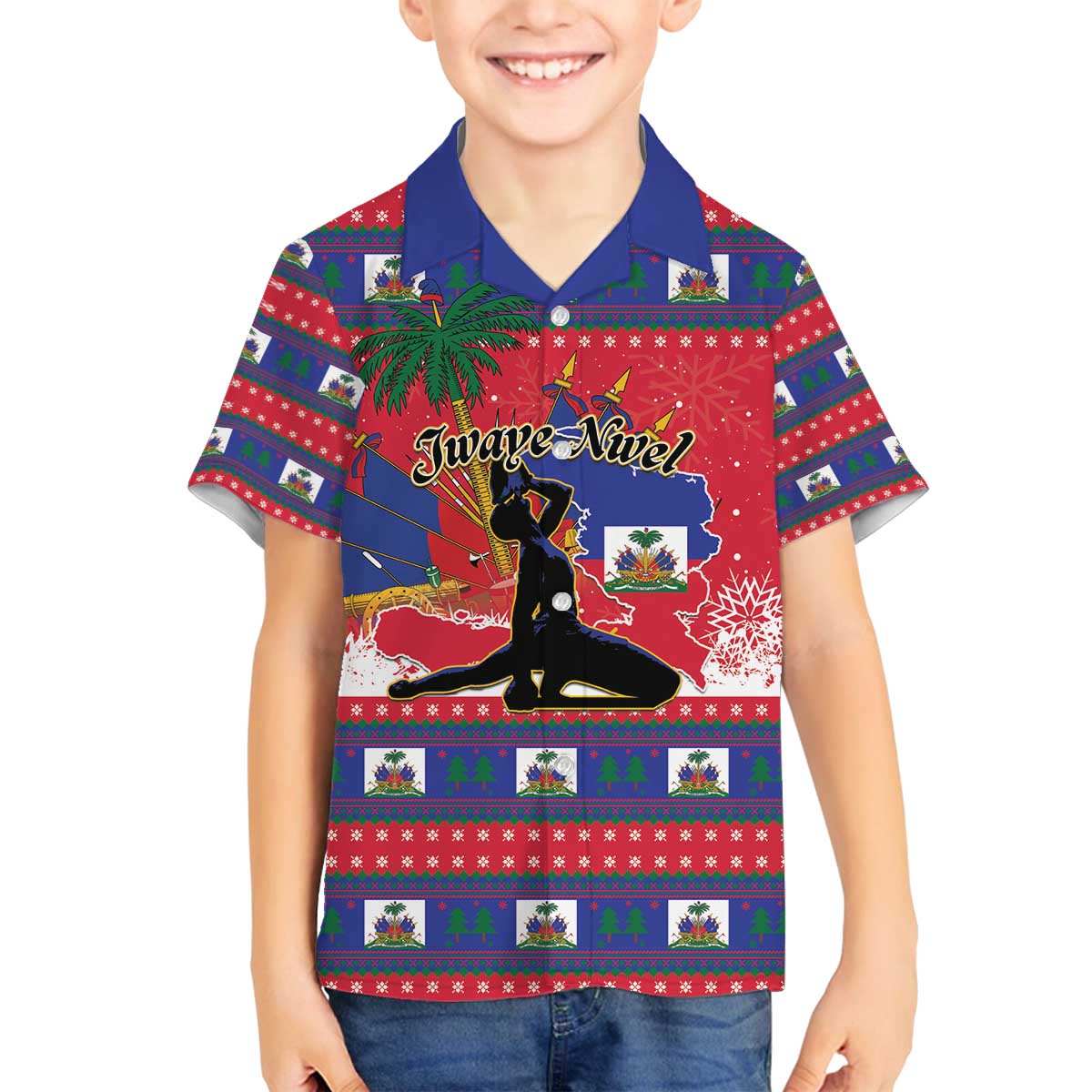 Personalized Ayiti Jwaye Nwel Family Matching Off The Shoulder Long Sleeve Dress and Hawaiian Shirt Haiti Merry Christmas - Wonder Print Shop