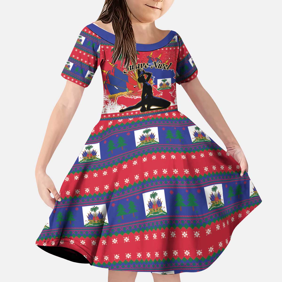 Personalized Ayiti Jwaye Nwel Kid Short Sleeve Dress Haiti Merry Christmas - Wonder Print Shop