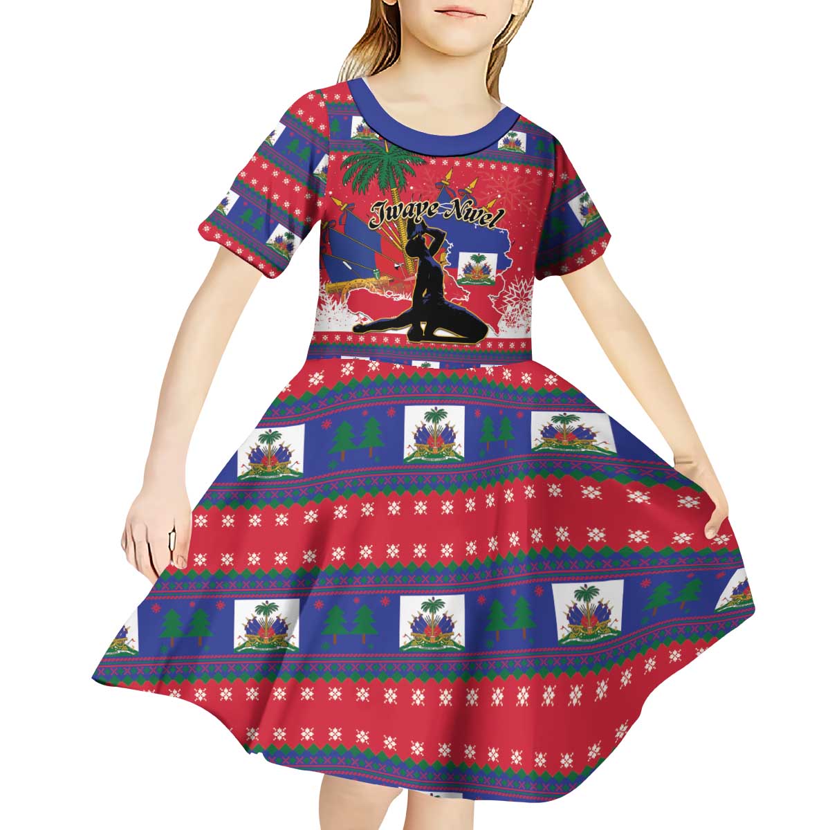 Personalized Ayiti Jwaye Nwel Kid Short Sleeve Dress Haiti Merry Christmas - Wonder Print Shop