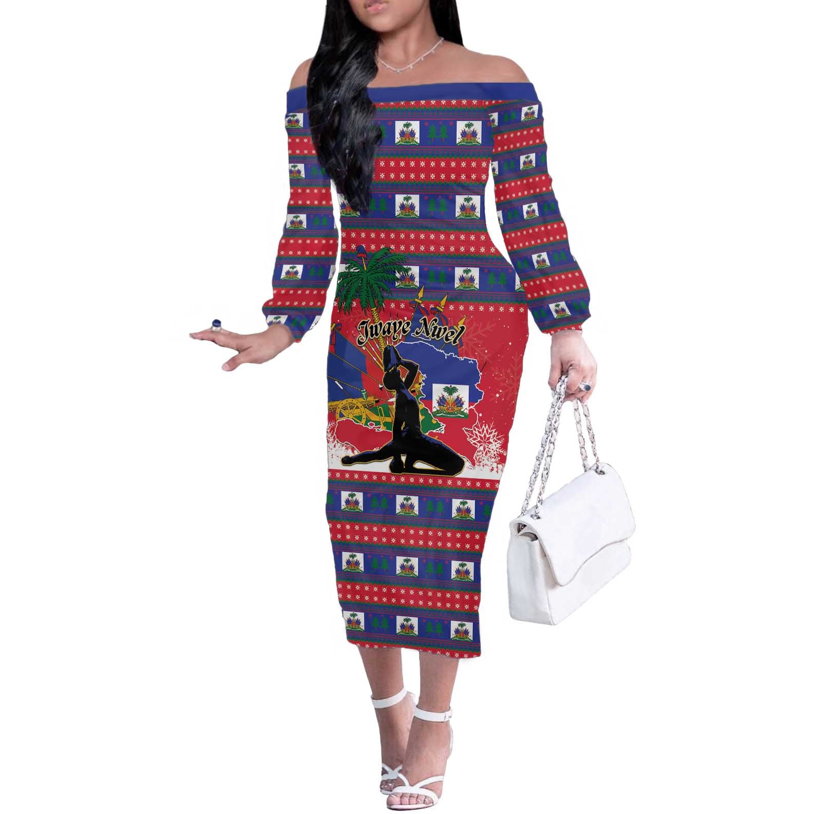 Personalized Ayiti Jwaye Nwel Off The Shoulder Long Sleeve Dress Haiti Merry Christmas - Wonder Print Shop
