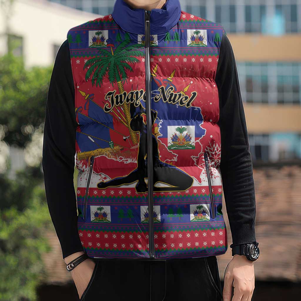 Personalized Ayiti Jwaye Nwel Sleeveless Puffer Jacket Haiti Merry Christmas - Wonder Print Shop