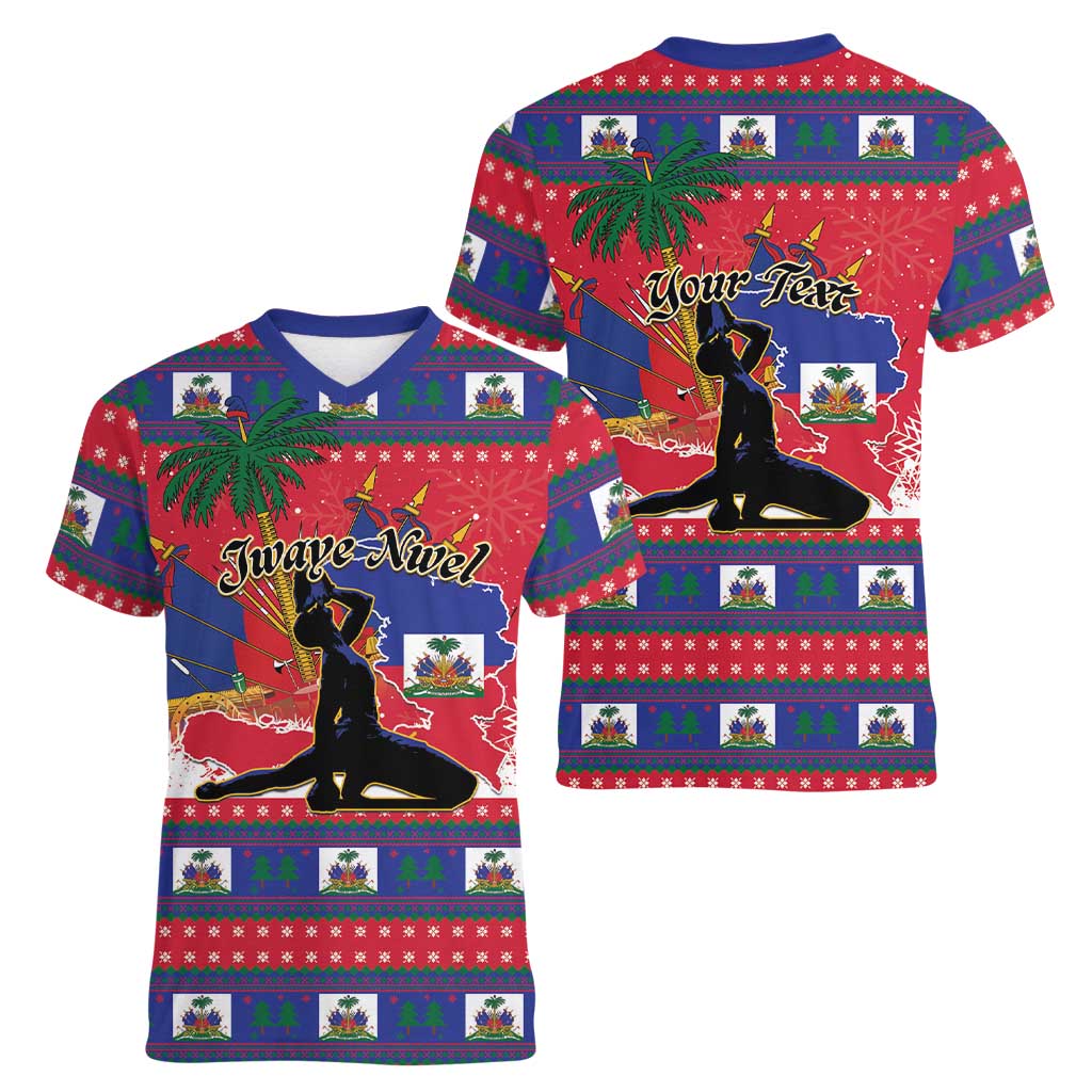 Personalized Ayiti Jwaye Nwel Women V-Neck T-Shirt Haiti Merry Christmas - Wonder Print Shop