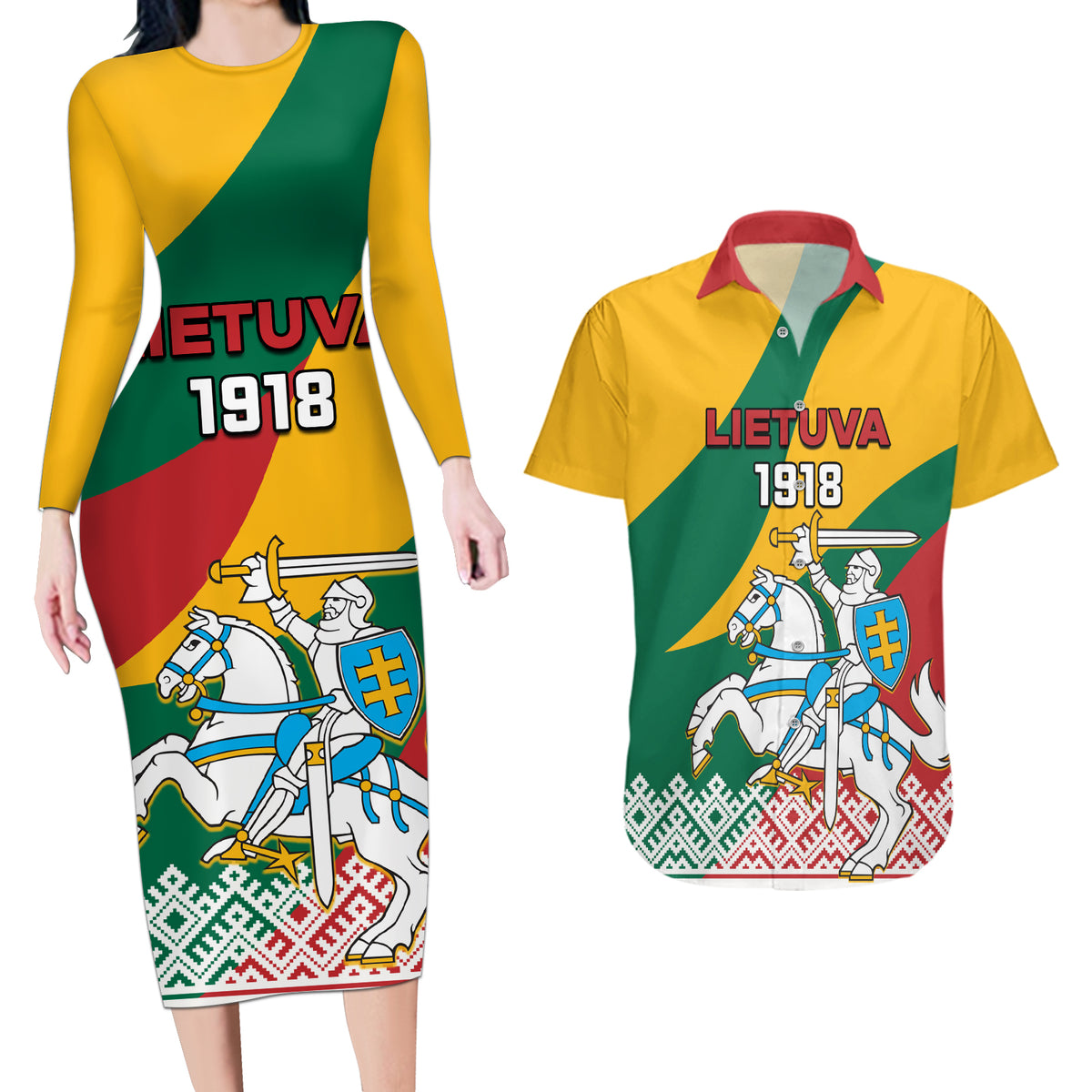 Lithuania Independence Day Personalized Couples Matching Long Sleeve Bodycon Dress and Hawaiian Shirt Lietuva Vytis 106th Anniversary - Wonder Print Shop