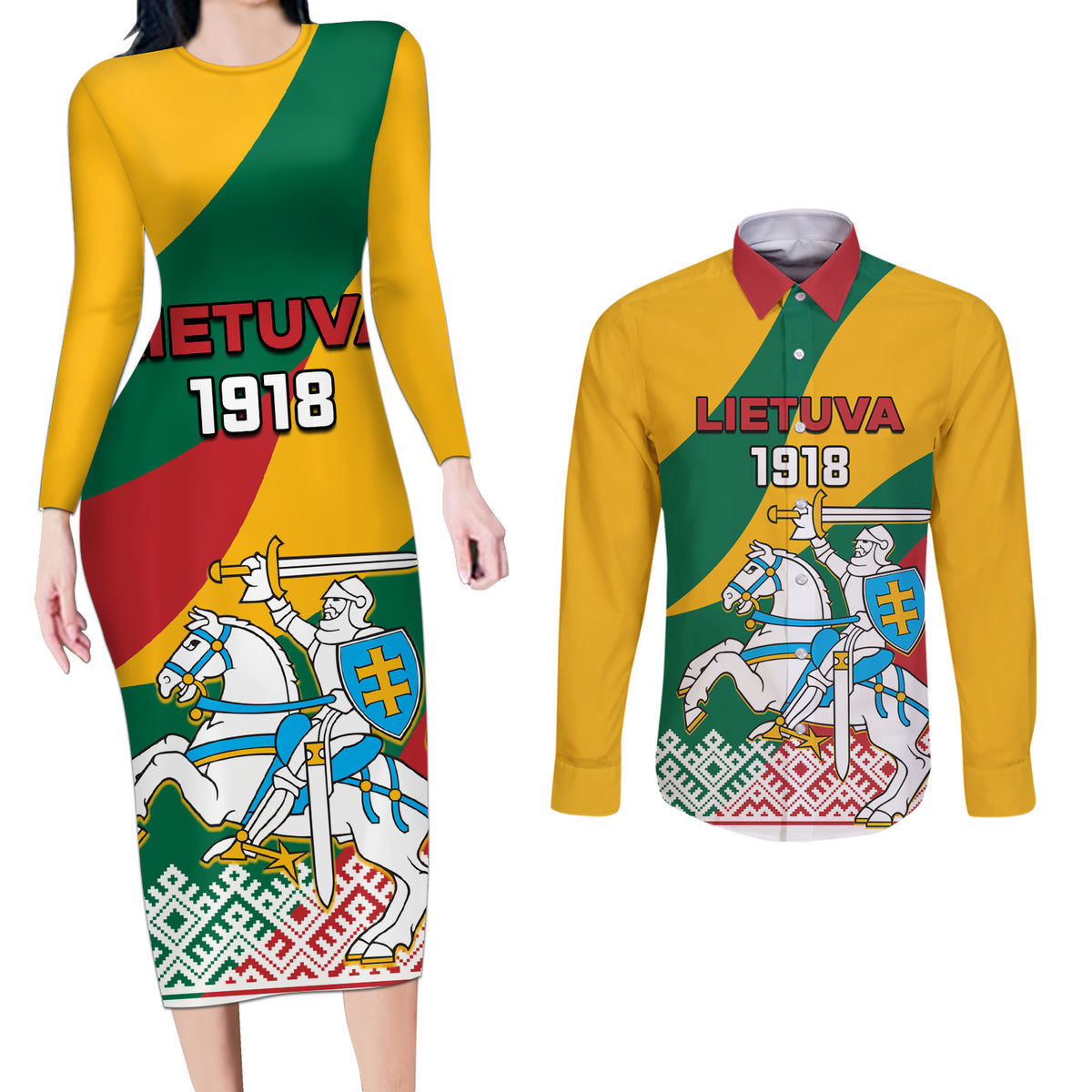 Lithuania Independence Day Personalized Couples Matching Long Sleeve Bodycon Dress and Long Sleeve Button Shirt Lietuva Vytis 106th Anniversary - Wonder Print Shop