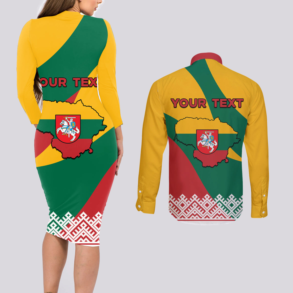 Lithuania Independence Day Personalized Couples Matching Long Sleeve Bodycon Dress and Long Sleeve Button Shirt Lietuva Vytis 106th Anniversary - Wonder Print Shop
