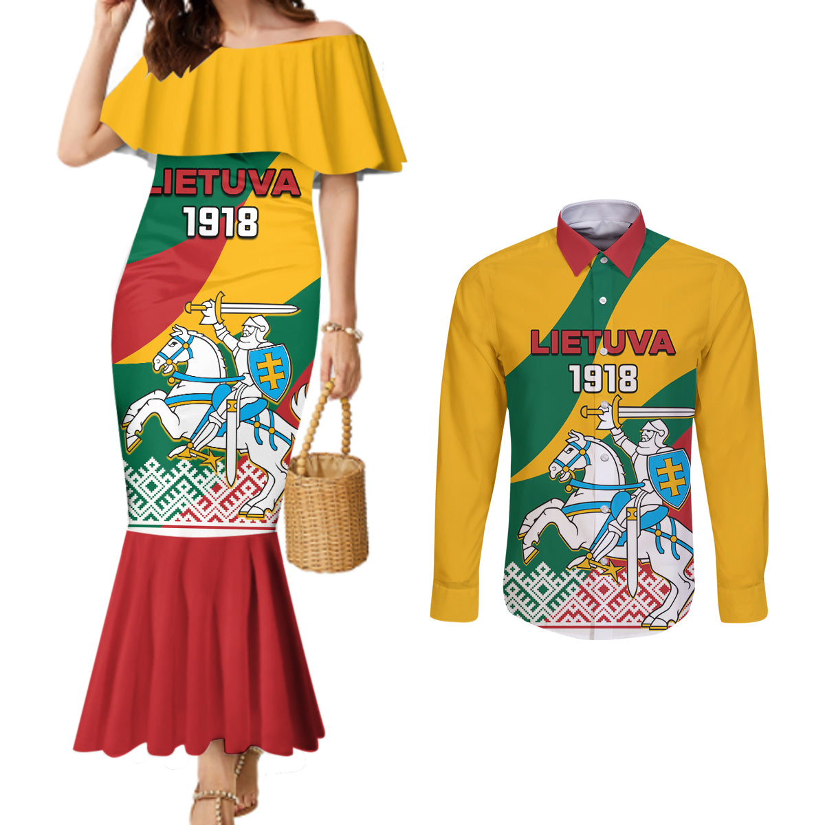 lithuania-independence-day-personalized-couples-matching-mermaid-dress-and-long-sleeve-button-shirt-lietuva-vytis-106th-anniversary