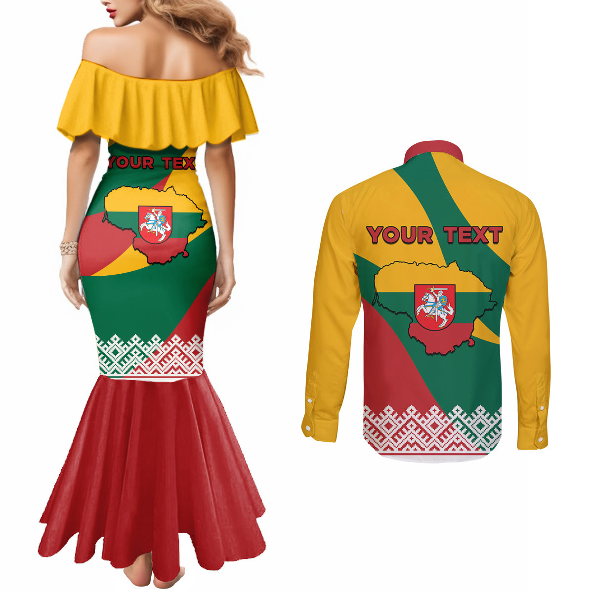 lithuania-independence-day-personalized-couples-matching-mermaid-dress-and-long-sleeve-button-shirt-lietuva-vytis-106th-anniversary