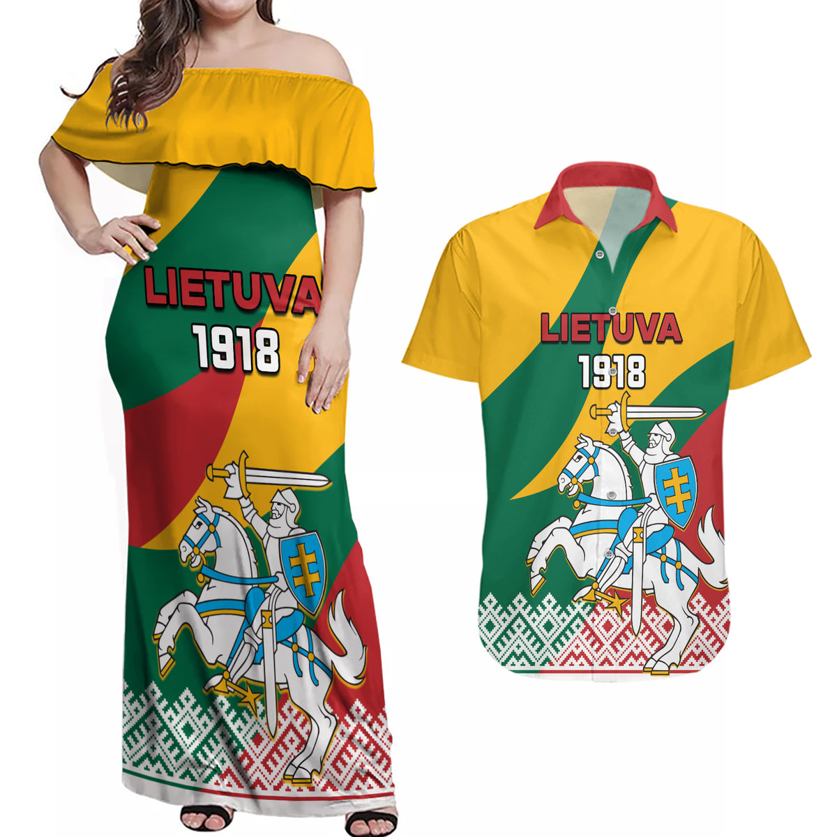 Lithuania Independence Day Personalized Couples Matching Off Shoulder Maxi Dress and Hawaiian Shirt Lietuva Vytis 106th Anniversary - Wonder Print Shop