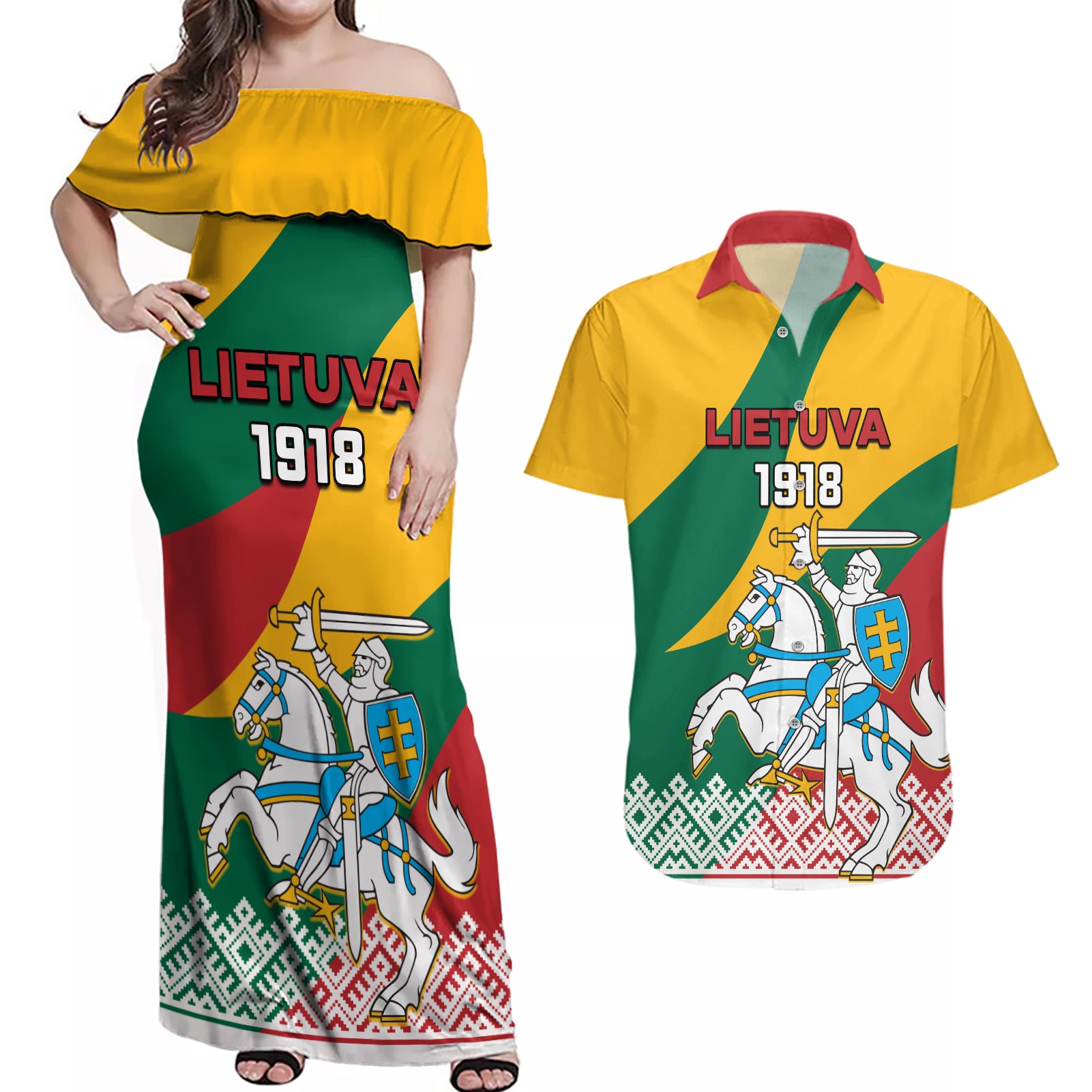 Lithuania Independence Day Personalized Couples Matching Off Shoulder Maxi Dress and Hawaiian Shirt Lietuva Vytis 106th Anniversary - Wonder Print Shop