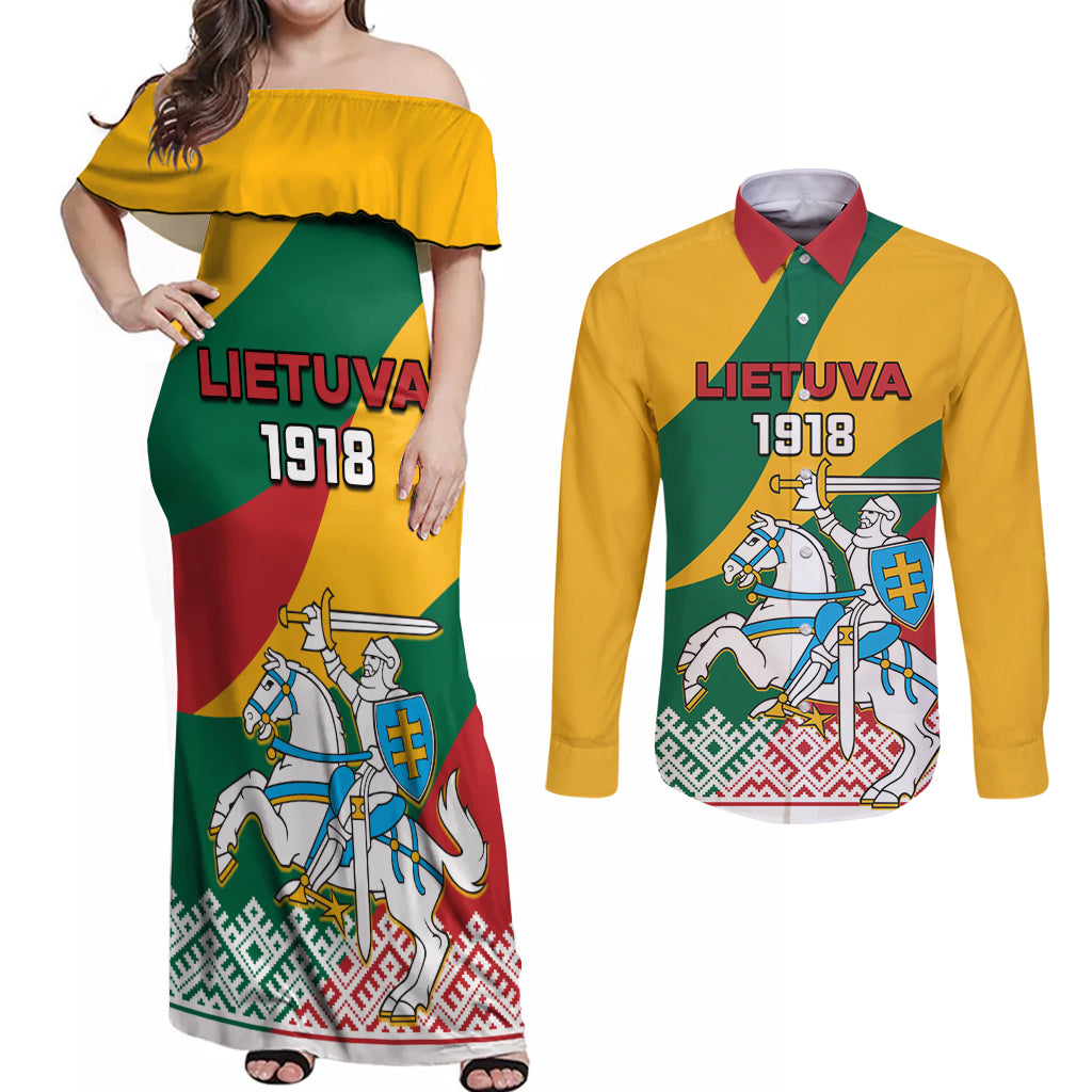 Lithuania Independence Day Personalized Couples Matching Off Shoulder Maxi Dress and Long Sleeve Button Shirt Lietuva Vytis 106th Anniversary - Wonder Print Shop
