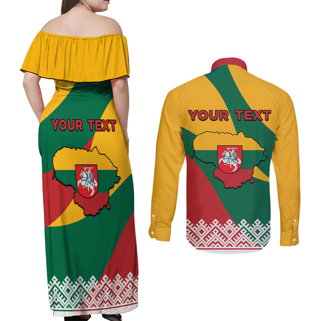Lithuania Independence Day Personalized Couples Matching Off Shoulder Maxi Dress and Long Sleeve Button Shirt Lietuva Vytis 106th Anniversary - Wonder Print Shop