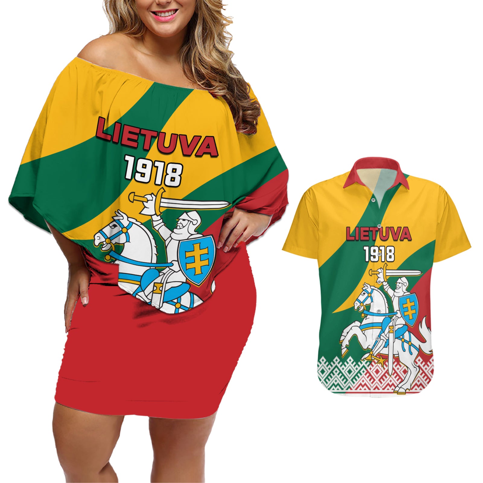 Lithuania Independence Day Personalized Couples Matching Off Shoulder Short Dress and Hawaiian Shirt Lietuva Vytis 106th Anniversary - Wonder Print Shop