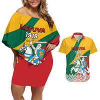 Lithuania Independence Day Personalized Couples Matching Off Shoulder Short Dress and Hawaiian Shirt Lietuva Vytis 106th Anniversary - Wonder Print Shop