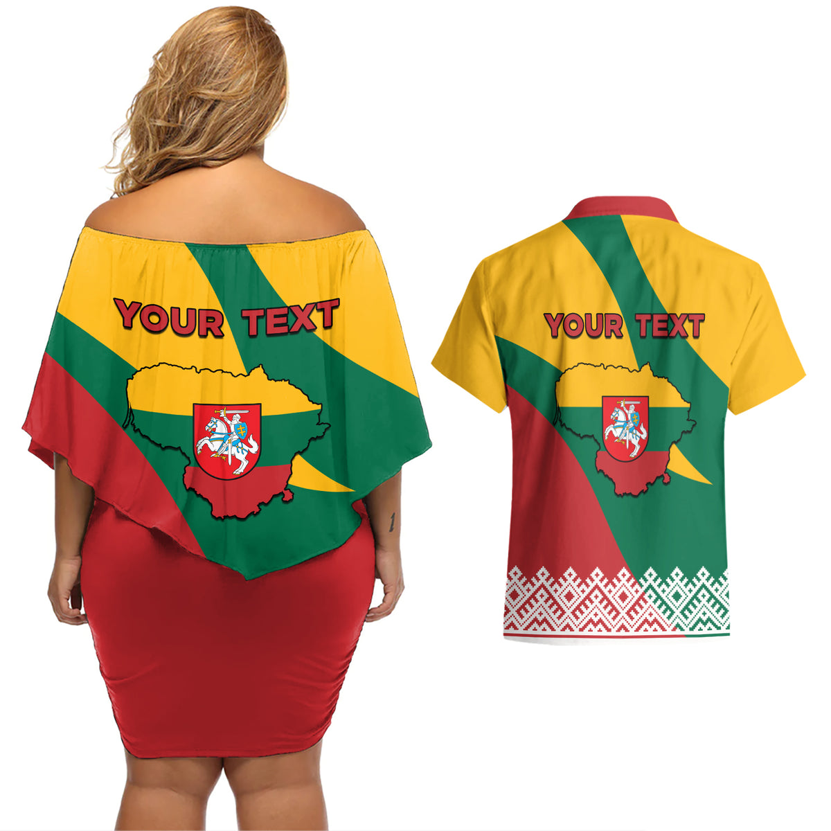 Lithuania Independence Day Personalized Couples Matching Off Shoulder Short Dress and Hawaiian Shirt Lietuva Vytis 106th Anniversary - Wonder Print Shop