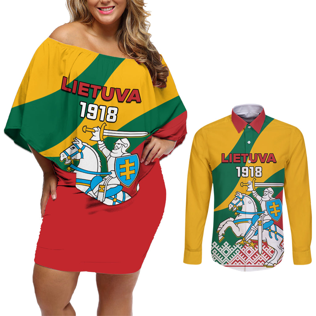 Lithuania Independence Day Personalized Couples Matching Off Shoulder Short Dress and Long Sleeve Button Shirt Lietuva Vytis 106th Anniversary - Wonder Print Shop