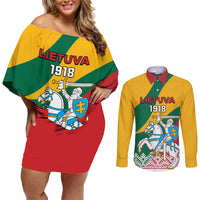 Lithuania Independence Day Personalized Couples Matching Off Shoulder Short Dress and Long Sleeve Button Shirt Lietuva Vytis 106th Anniversary - Wonder Print Shop