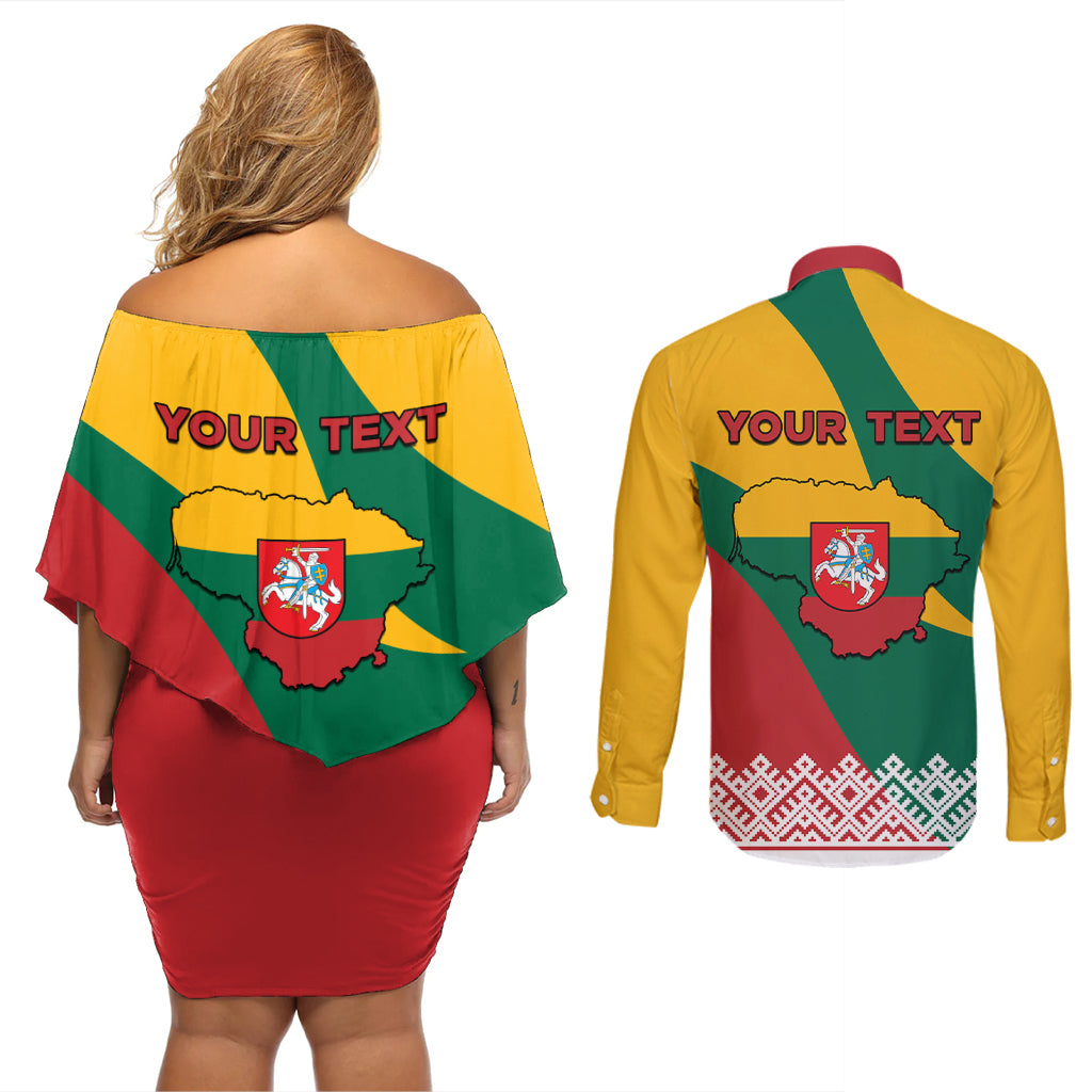Lithuania Independence Day Personalized Couples Matching Off Shoulder Short Dress and Long Sleeve Button Shirt Lietuva Vytis 106th Anniversary - Wonder Print Shop