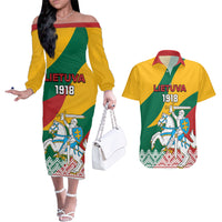 Lithuania Independence Day Personalized Couples Matching Off The Shoulder Long Sleeve Dress and Hawaiian Shirt Lietuva Vytis 106th Anniversary - Wonder Print Shop