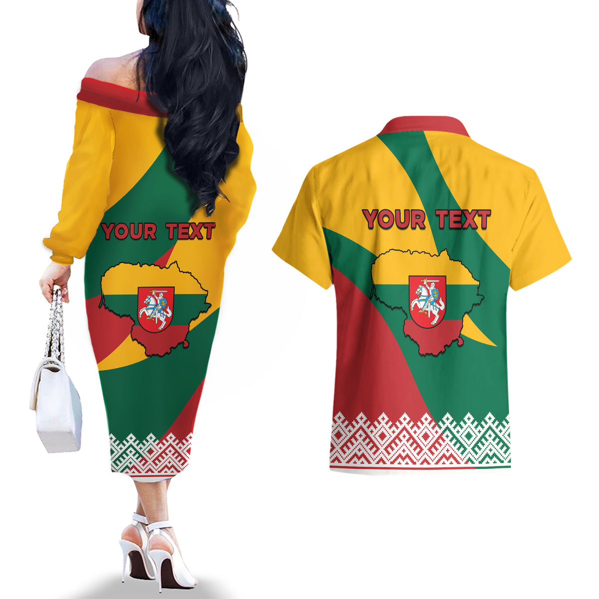 Lithuania Independence Day Personalized Couples Matching Off The Shoulder Long Sleeve Dress and Hawaiian Shirt Lietuva Vytis 106th Anniversary - Wonder Print Shop