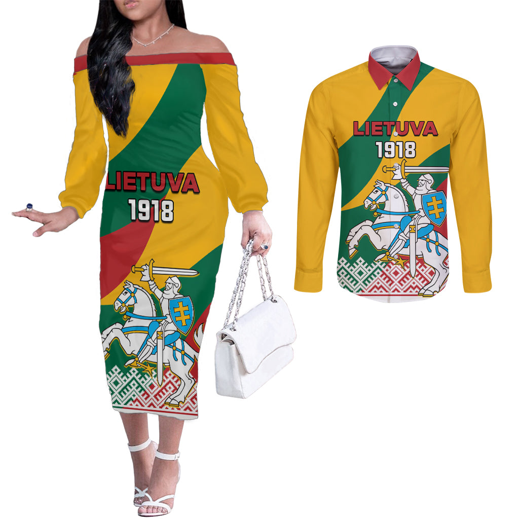 lithuania-independence-day-personalized-couples-matching-off-the-shoulder-long-sleeve-dress-and-long-sleeve-button-shirt-lietuva-vytis-106th-anniversary