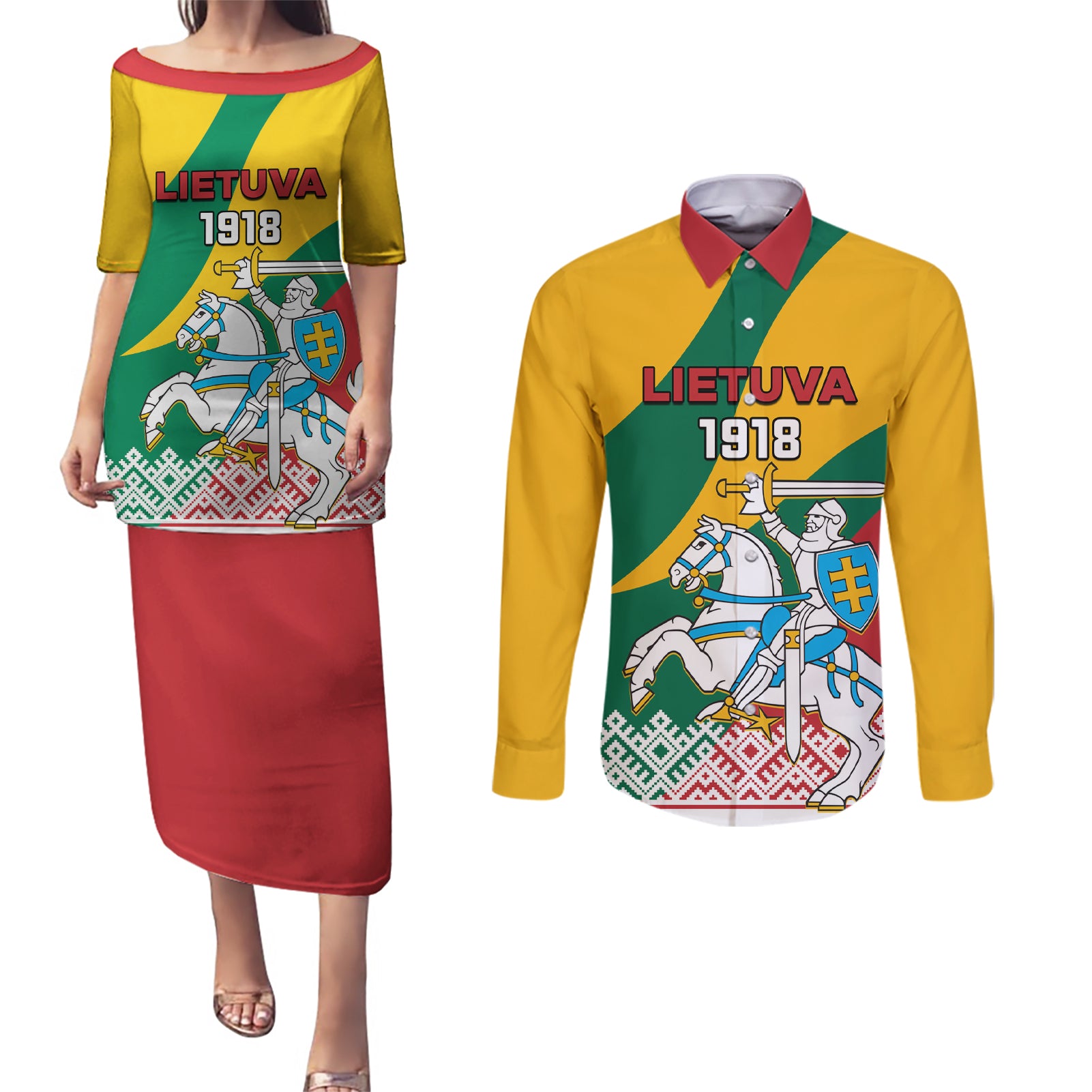 Lithuania Independence Day Personalized Couples Matching Puletasi and Long Sleeve Button Shirt Lietuva Vytis 106th Anniversary - Wonder Print Shop