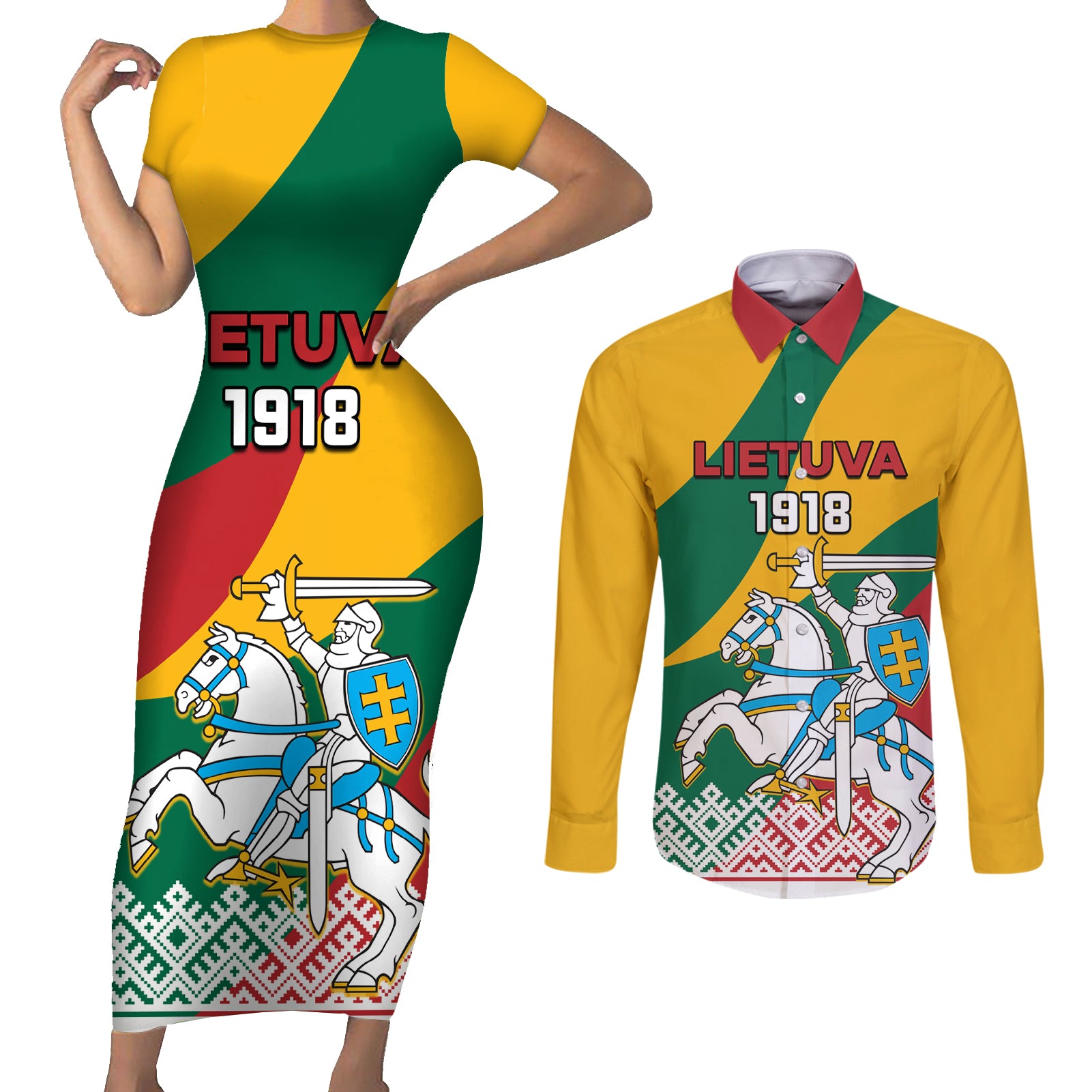 Lithuania Independence Day Personalized Couples Matching Short Sleeve Bodycon Dress and Long Sleeve Button Shirt Lietuva Vytis 106th Anniversary - Wonder Print Shop