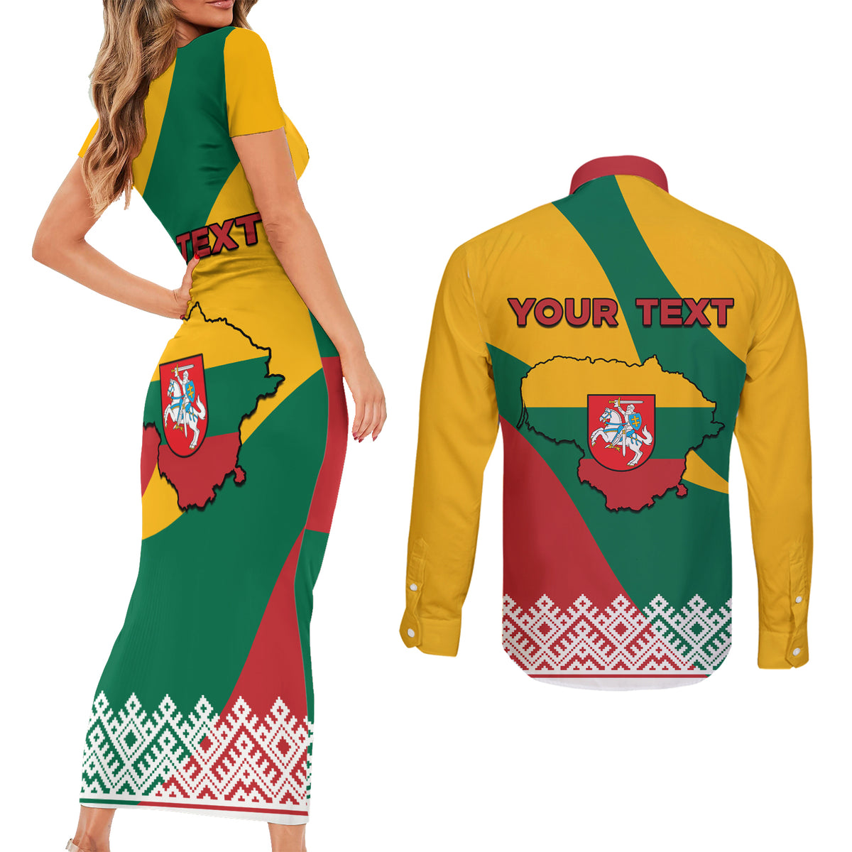 Lithuania Independence Day Personalized Couples Matching Short Sleeve Bodycon Dress and Long Sleeve Button Shirt Lietuva Vytis 106th Anniversary - Wonder Print Shop