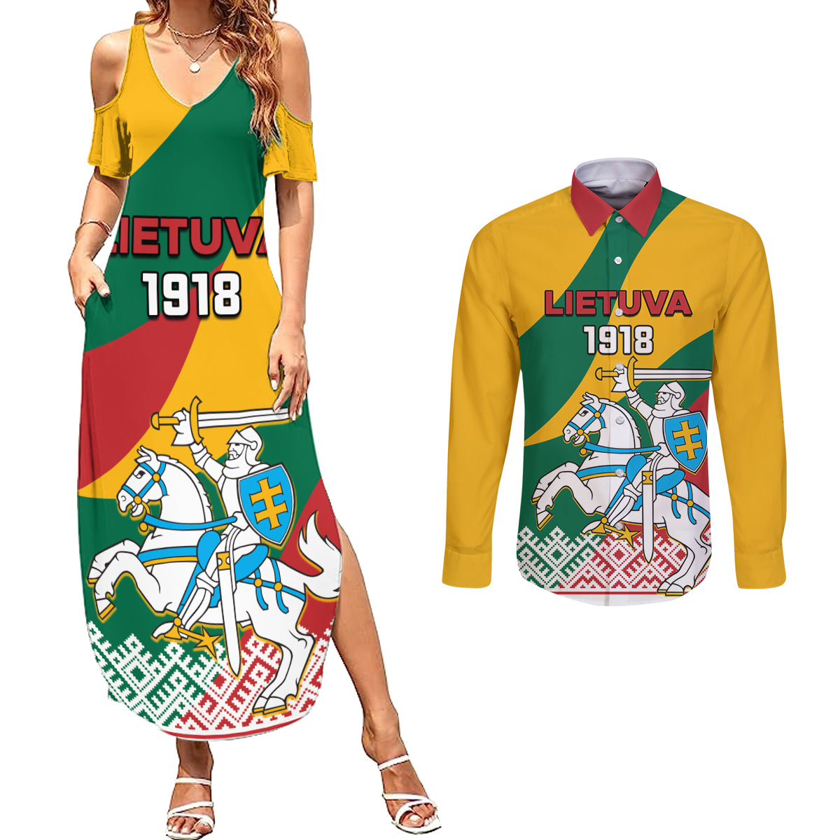 Lithuania Independence Day Personalized Couples Matching Summer Maxi Dress and Long Sleeve Button Shirt Lietuva Vytis 106th Anniversary - Wonder Print Shop