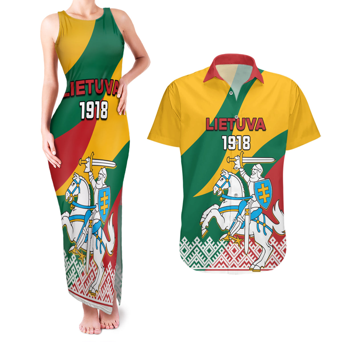 Lithuania Independence Day Personalized Couples Matching Tank Maxi Dress and Hawaiian Shirt Lietuva Vytis 106th Anniversary - Wonder Print Shop