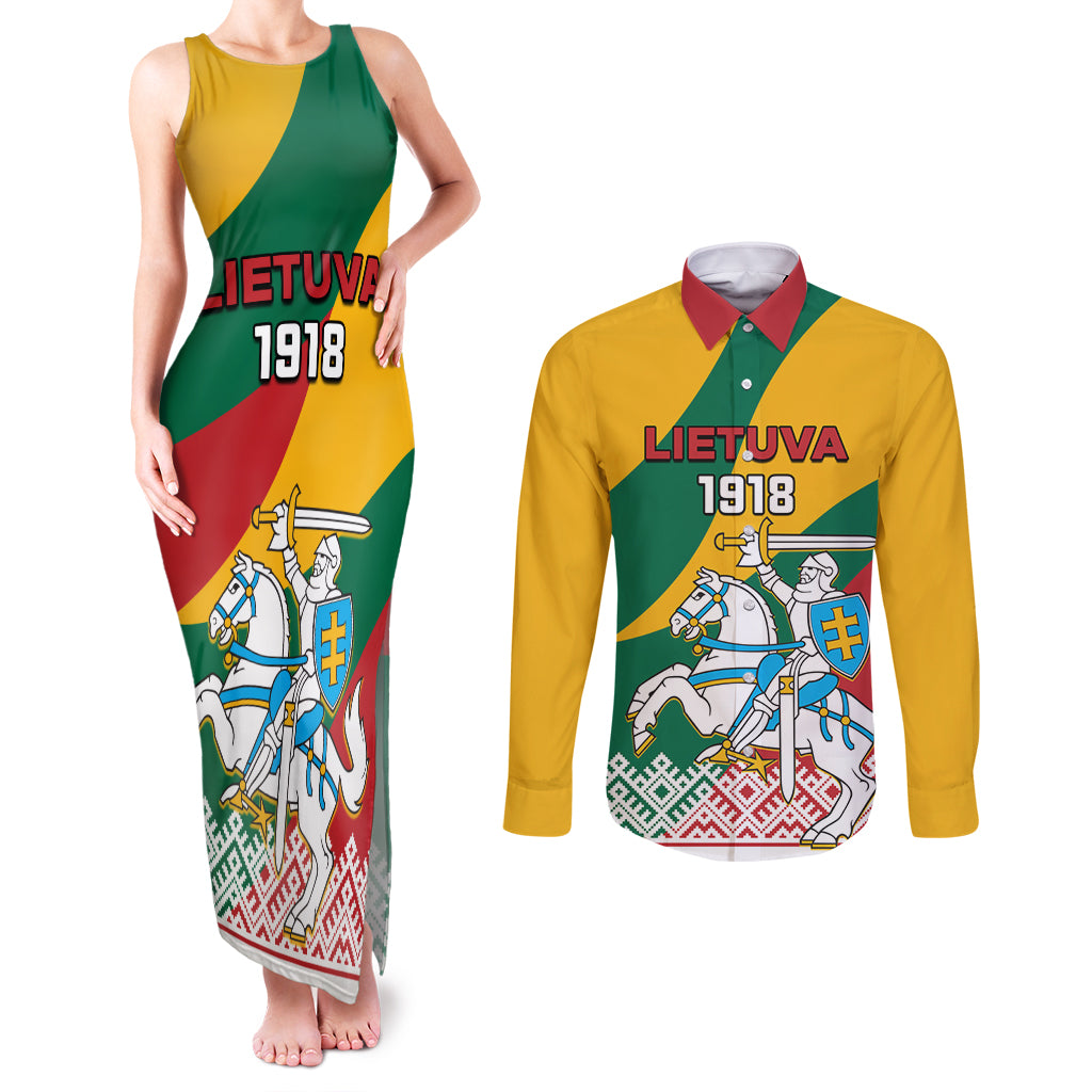 Lithuania Independence Day Personalized Couples Matching Tank Maxi Dress and Long Sleeve Button Shirt Lietuva Vytis 106th Anniversary - Wonder Print Shop