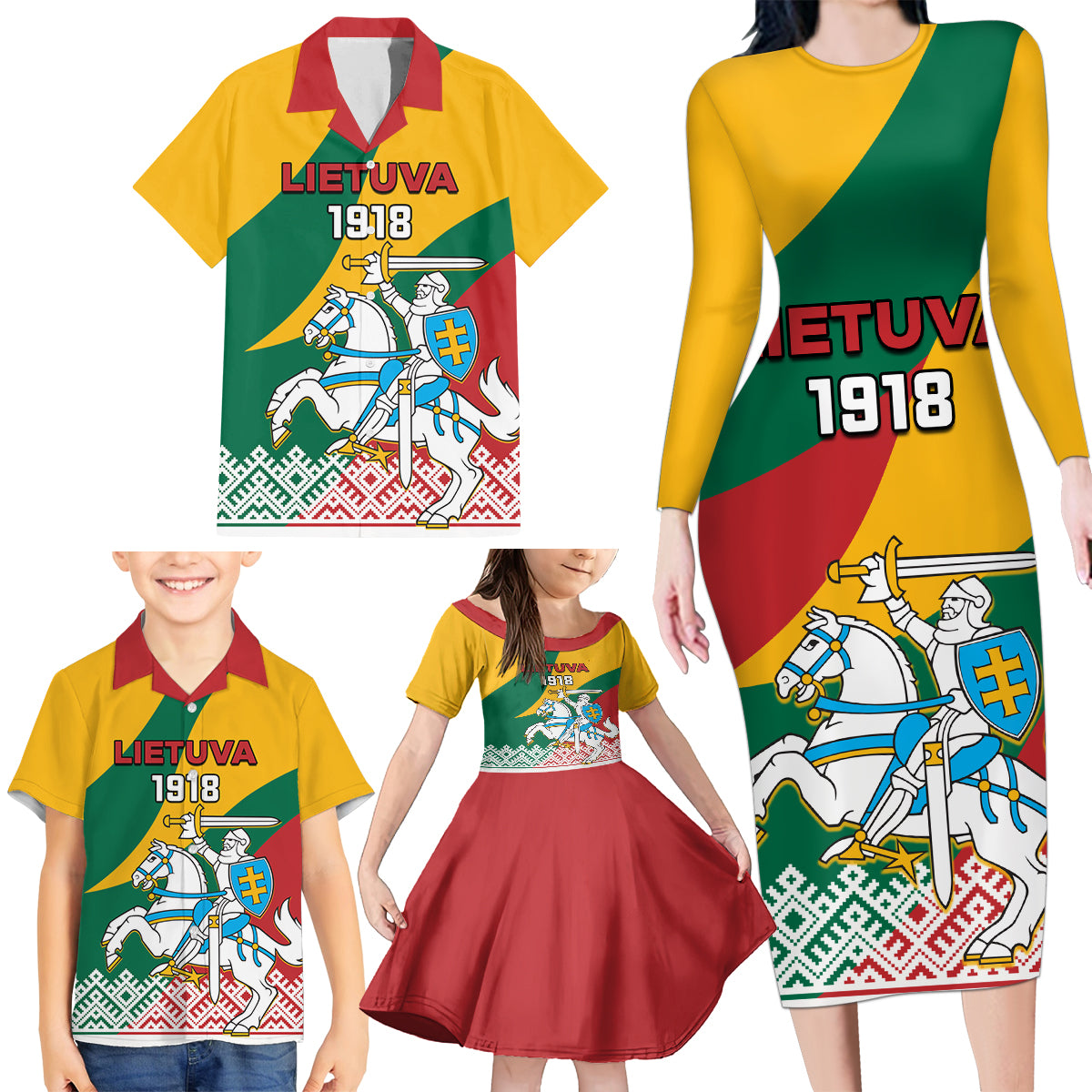 Lithuania Independence Day Personalized Family Matching Long Sleeve Bodycon Dress and Hawaiian Shirt Lietuva Vytis 106th Anniversary - Wonder Print Shop