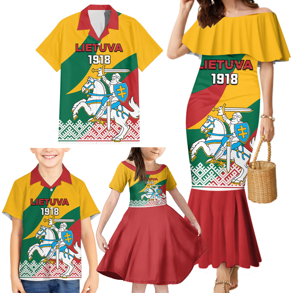 Lithuania Independence Day Personalized Family Matching Mermaid Dress and Hawaiian Shirt Lietuva Vytis 106th Anniversary - Wonder Print Shop