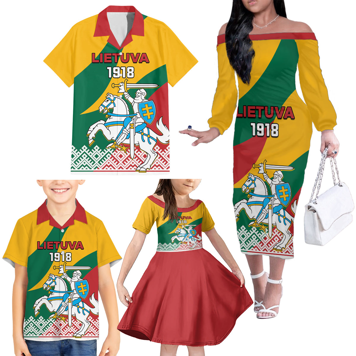 Lithuania Independence Day Personalized Family Matching Off Shoulder Long Sleeve Dress and Hawaiian Shirt Lietuva Vytis 106th Anniversary - Wonder Print Shop