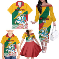 Lithuania Independence Day Personalized Family Matching Off Shoulder Long Sleeve Dress and Hawaiian Shirt Lietuva Vytis 106th Anniversary - Wonder Print Shop