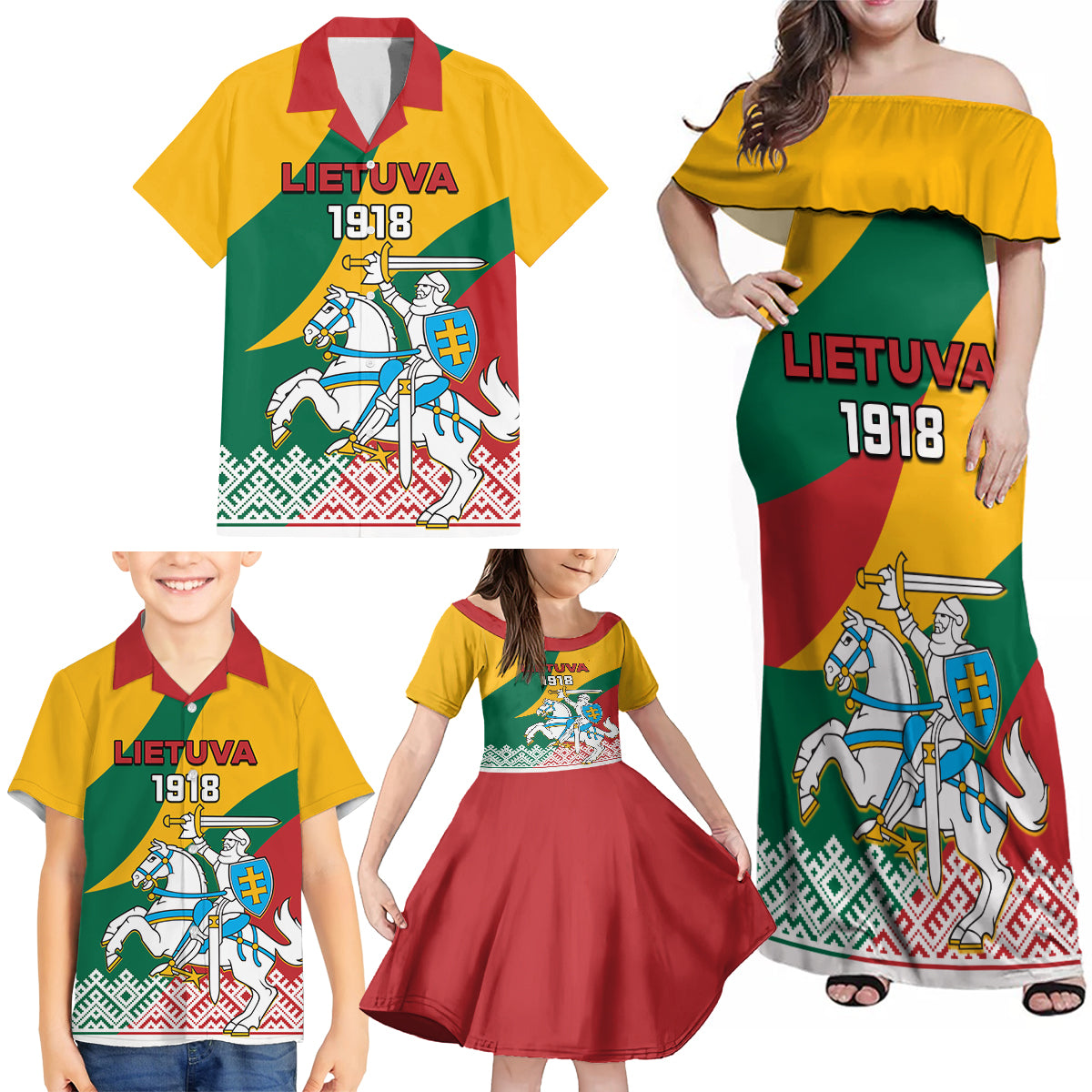 Lithuania Independence Day Personalized Family Matching Off Shoulder Maxi Dress and Hawaiian Shirt Lietuva Vytis 106th Anniversary - Wonder Print Shop