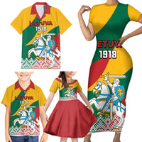 Lithuania Independence Day Personalized Family Matching Short Sleeve Bodycon Dress and Hawaiian Shirt Lietuva Vytis 106th Anniversary - Wonder Print Shop