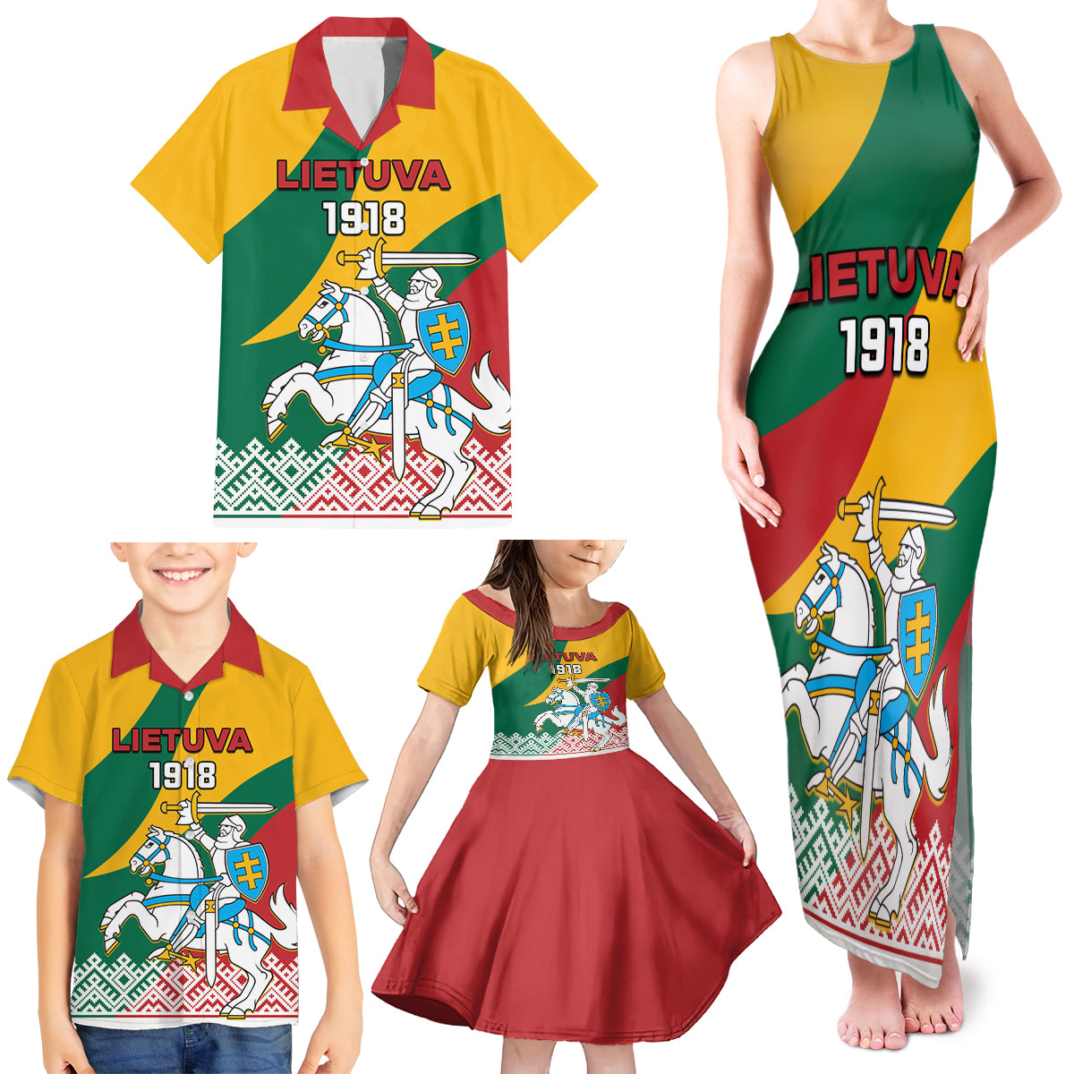 Lithuania Independence Day Personalized Family Matching Tank Maxi Dress and Hawaiian Shirt Lietuva Vytis 106th Anniversary - Wonder Print Shop