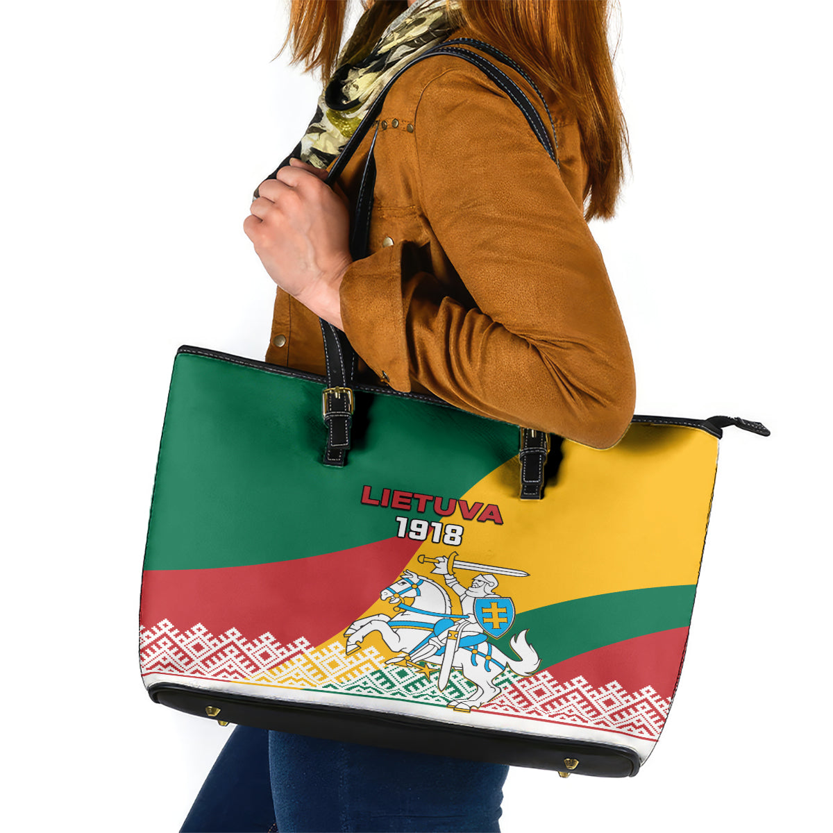 Lithuania Independence Day Personalized Leather Tote Bag Lietuva Vytis 106th Anniversary - Wonder Print Shop