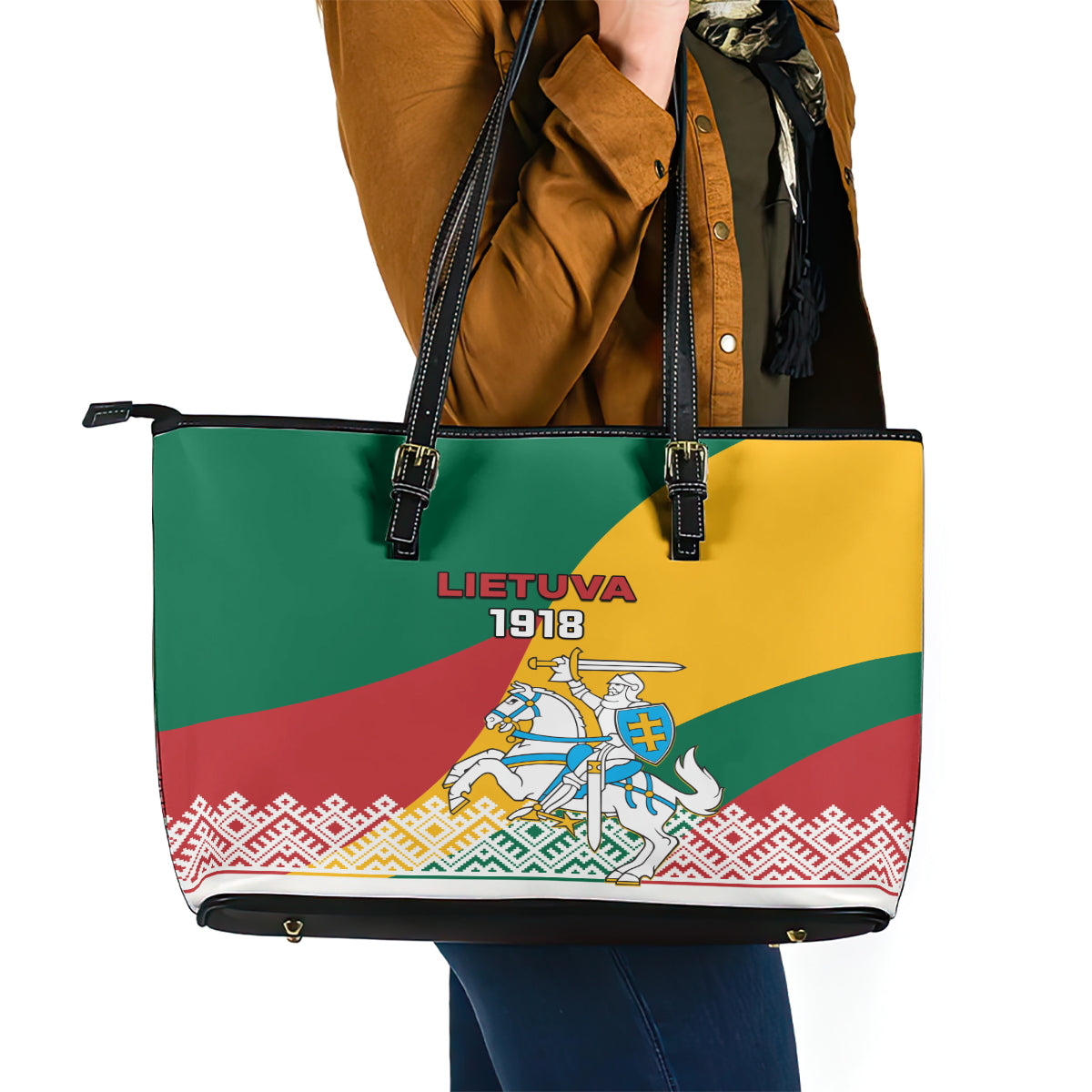 Lithuania Independence Day Personalized Leather Tote Bag Lietuva Vytis 106th Anniversary - Wonder Print Shop