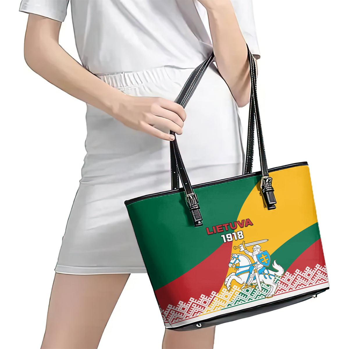 Lithuania Independence Day Personalized Leather Tote Bag Lietuva Vytis 106th Anniversary - Wonder Print Shop