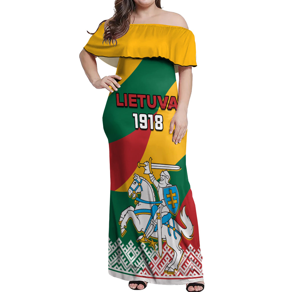Lithuania Independence Day Personalized Off Shoulder Maxi Dress Lietuva Vytis 106th Anniversary - Wonder Print Shop